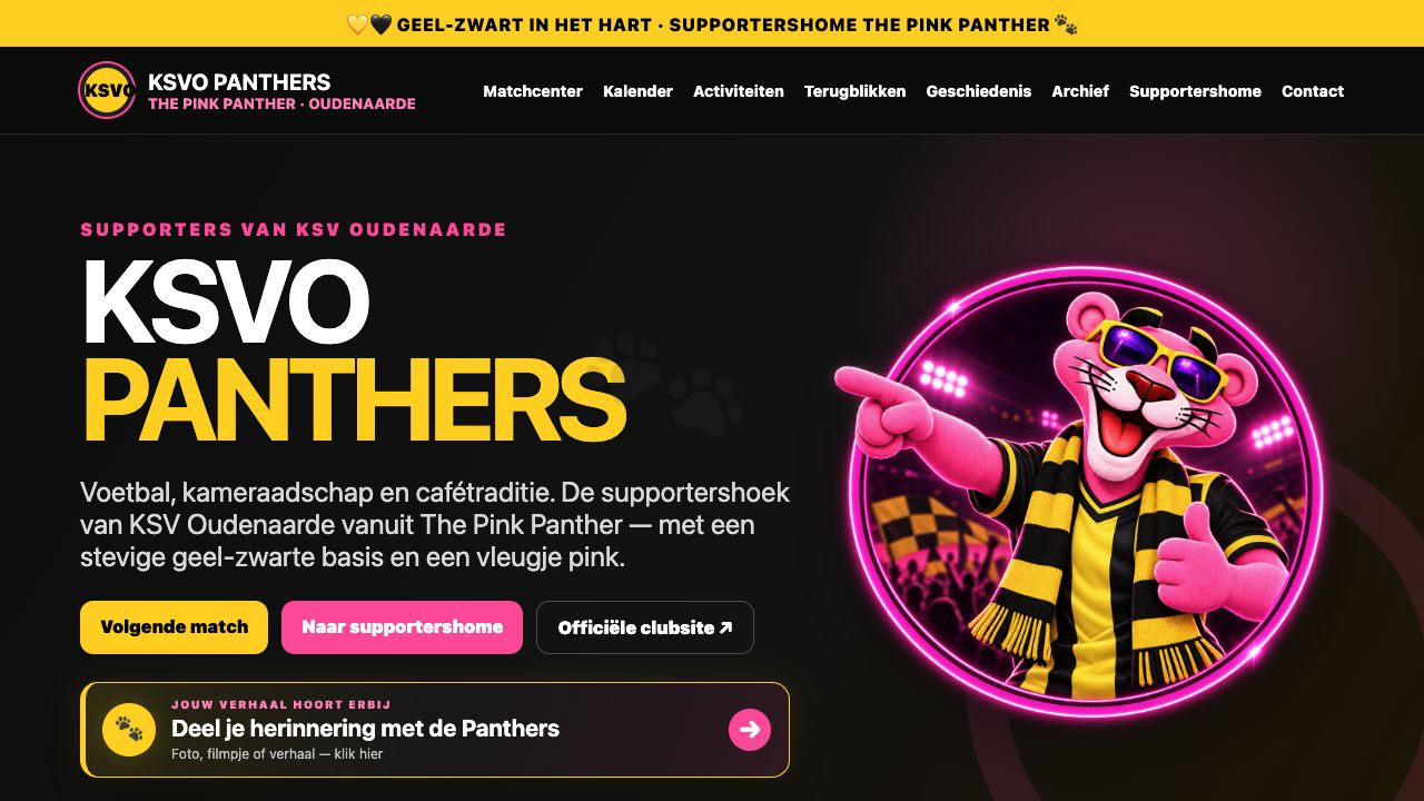 De echte KSVO Panthers-homepage in geel-zwart met de roze Panther-mascotte in supporterssjaal